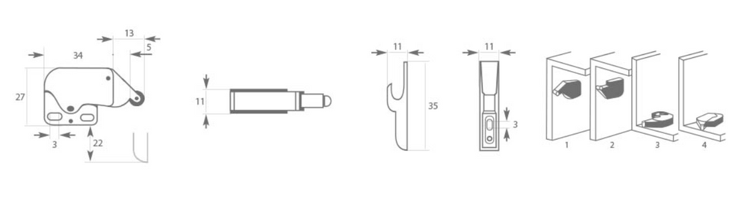 Tryckregel Mini Latch 188 förnicklat stål, vit plast